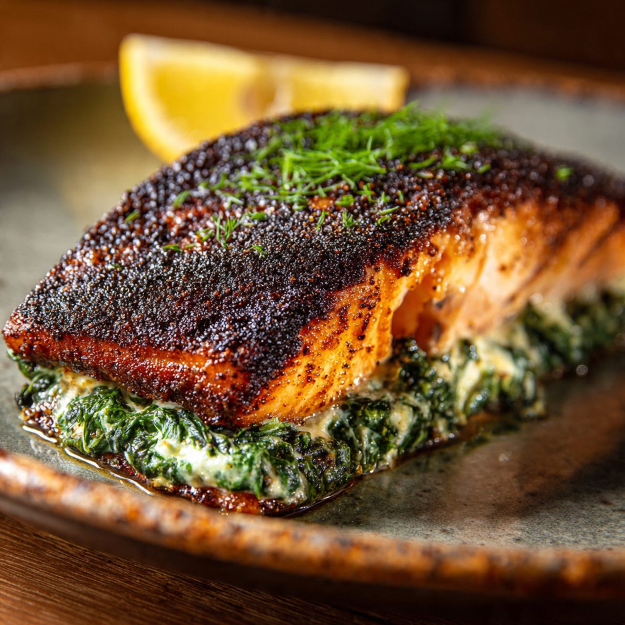 Blackened Salmon with Healthy Spinach Filling
